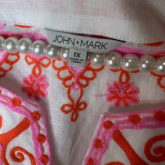 John Mark Women’s Embroidered 100% Linen Tunic Split Neck White Pink Sz 1X Boho - Picture 11 of 12